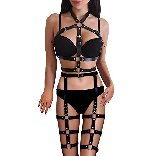 BDSMAGE Damen Punk Gothic leder Kleidung Set,Verstellbarer Harness Schultergurt Brustgurte Gürtel Strumpfband...